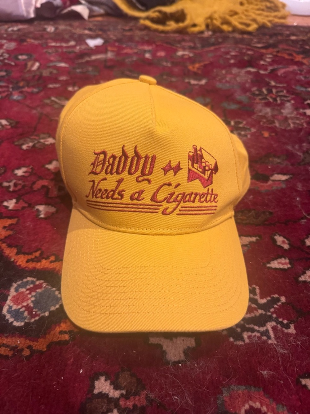 Yellow 'Daddy Needs a Cigarette' Embroidered Snapback Cap